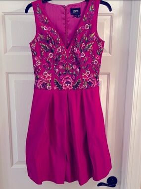 Marchesa Fuchsia Floral Embroidered Midi Dress